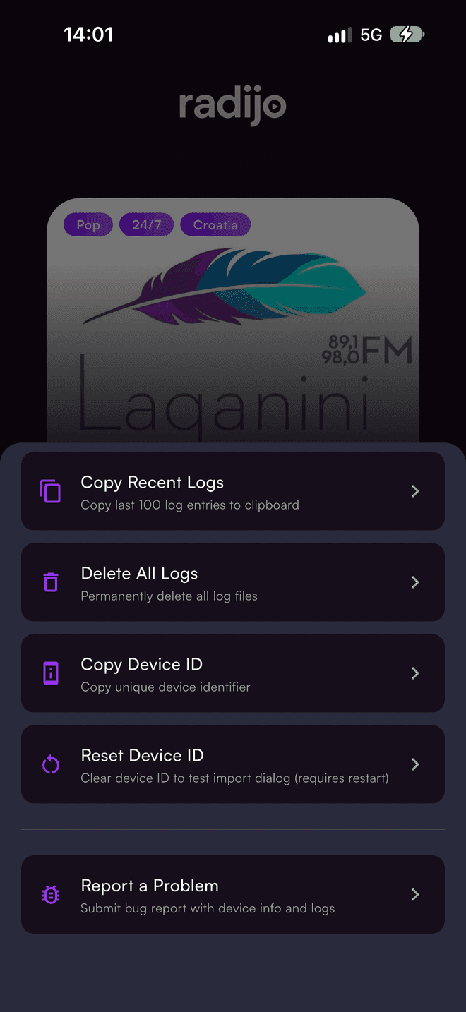 Debug Menu with Report a Problem