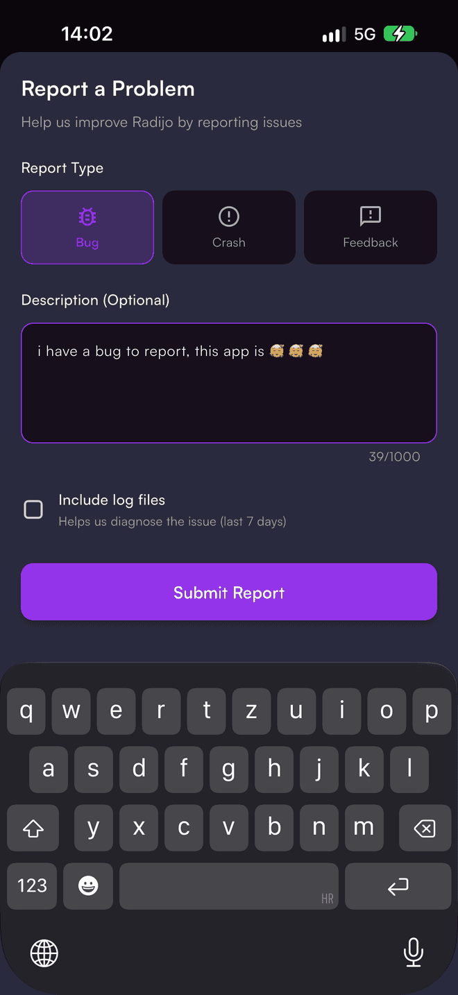 Report a Problem: type, description, include log files, Submit