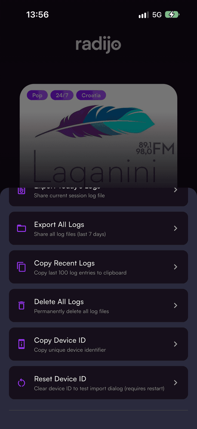 Debug Menu with Copy Device ID