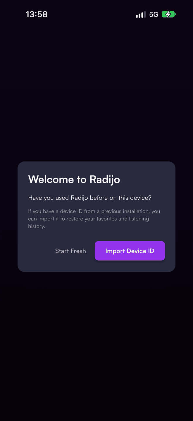 Welcome to Radijo: Start Fresh or Import Device ID